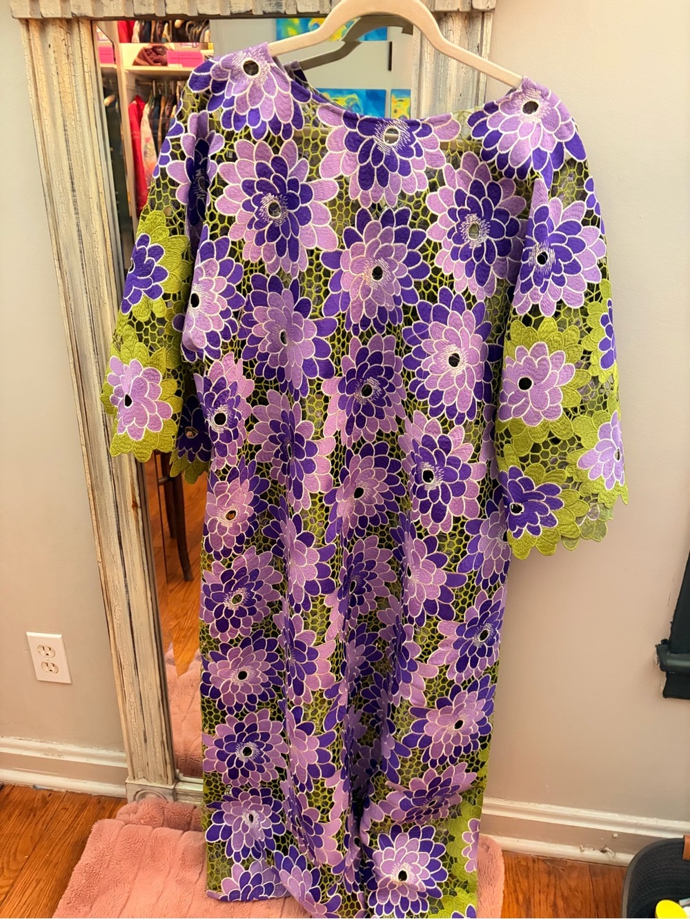 Tela Luxury Mercantile Purple Lime Green 3D Floral Lace Caftan Dress